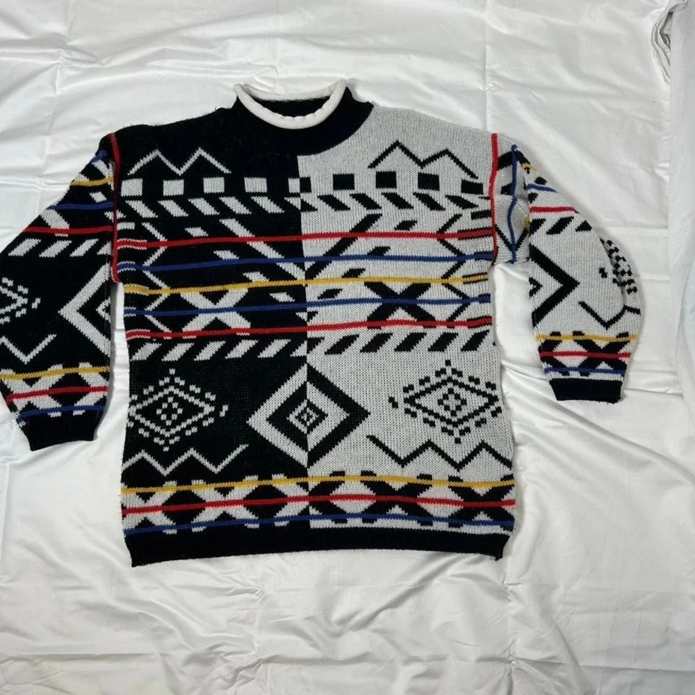 Vintage 1990s Split Color Knitted Crewneck Sweater / Vintage 90 Abstract Pattern
